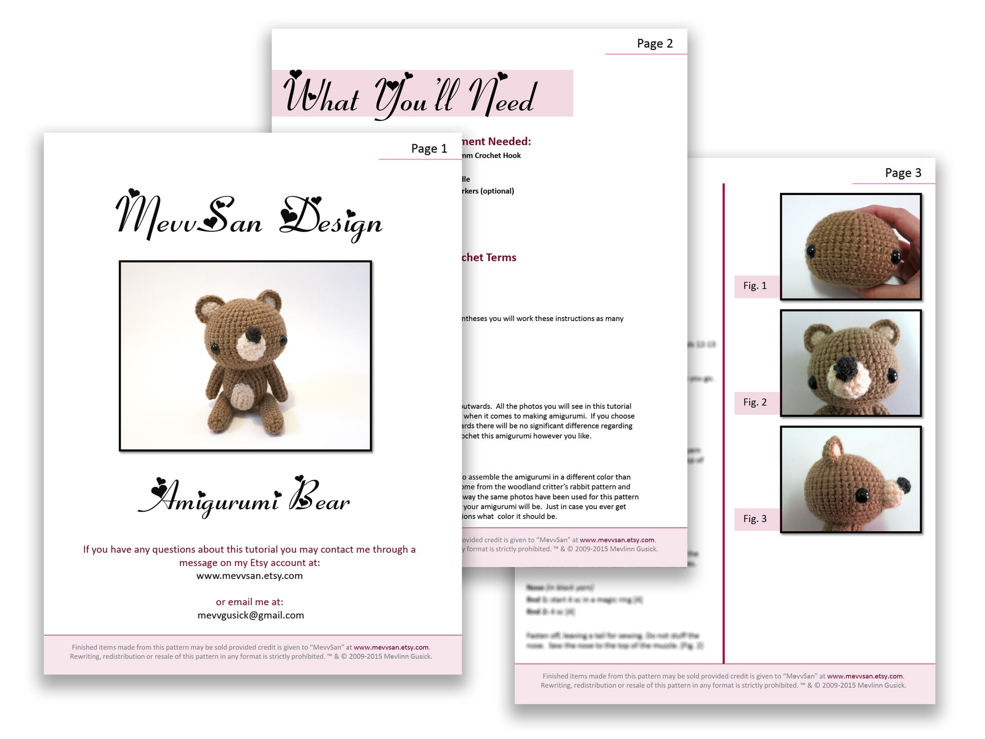 A preview of the first three pages of the PDF crochet pattern for the amigurumi bear