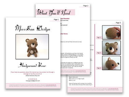 A preview of the first three pages of the PDF crochet pattern for the amigurumi bear