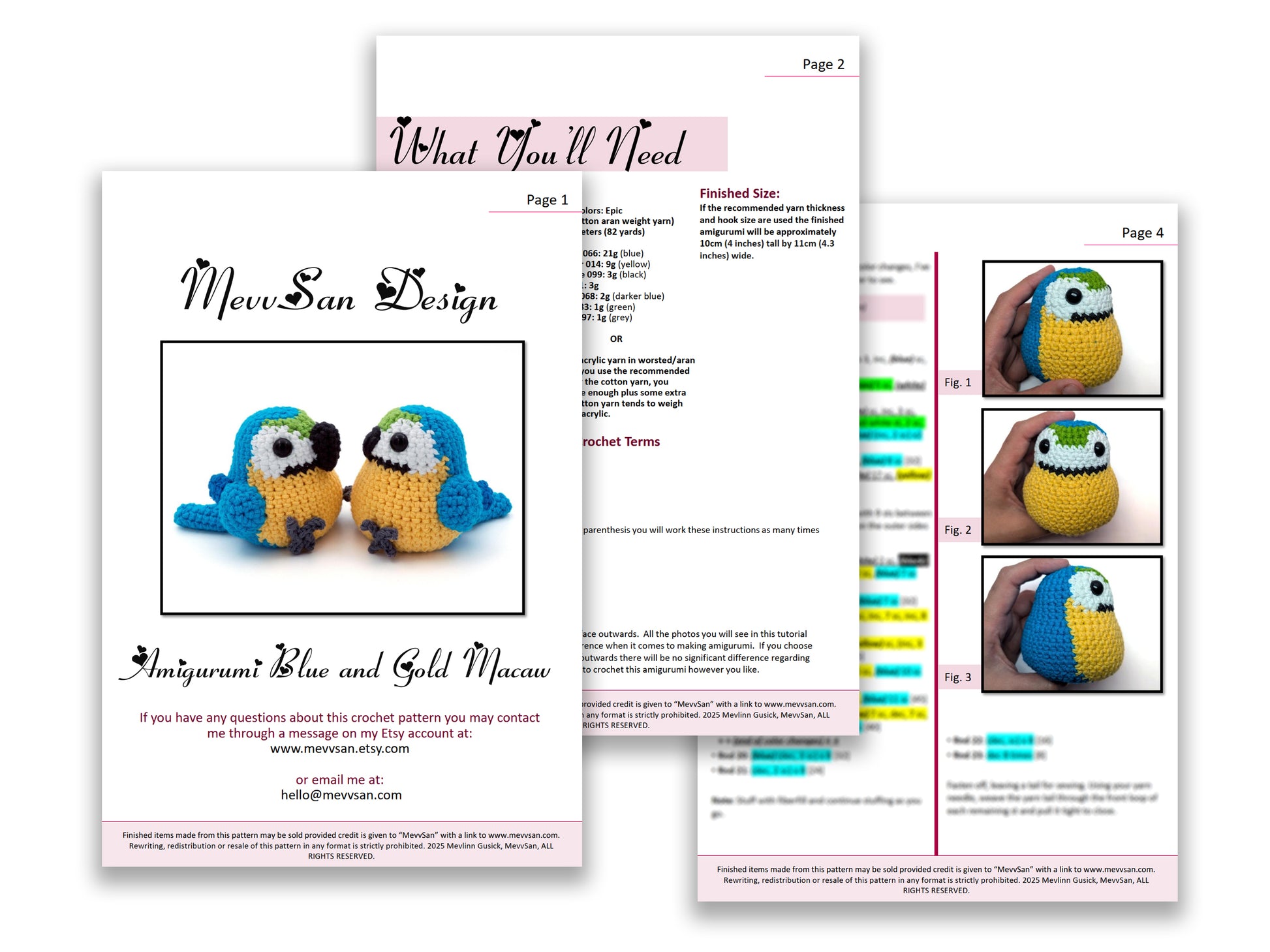 A preview of the first three pages of the PDF crochet pattern for the amigurumi blue and gold macaw