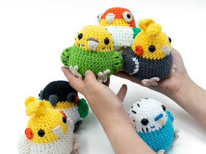 amigurumi crochet parrot pattern bundle with cockatiel budgie and caique close up