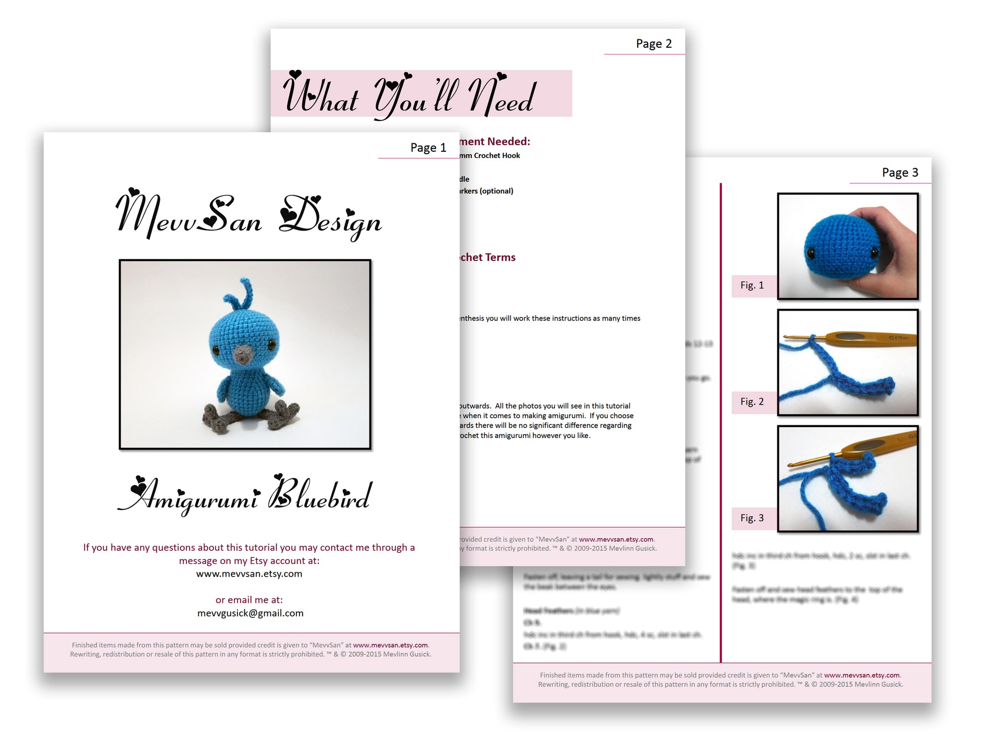 A preview of the first three pages of the PDF crochet pattern for the amigurumi bluebird