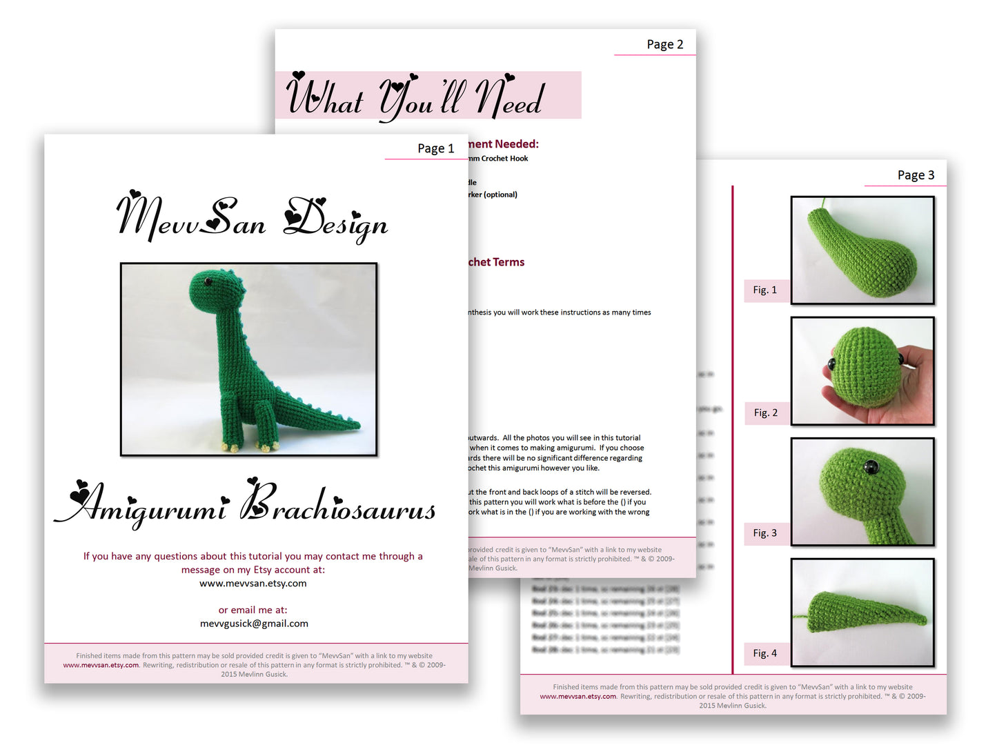 A preview of the first three pages of the PDF crochet pattern for the amigurumi  brachiosaurus dinosaur