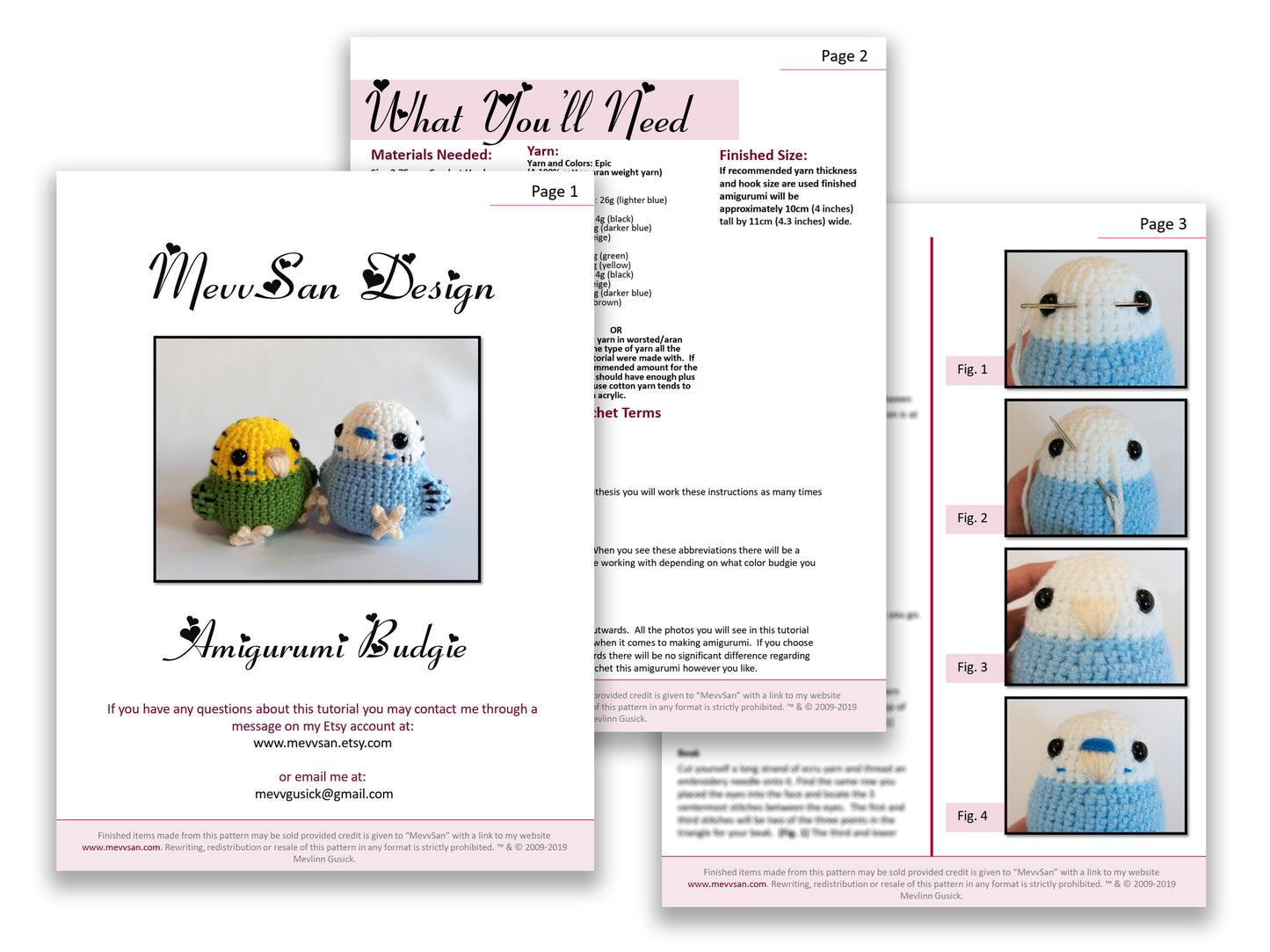 A preview of the first three pages of the PDF crochet pattern for the amigurumi budgie parakeet