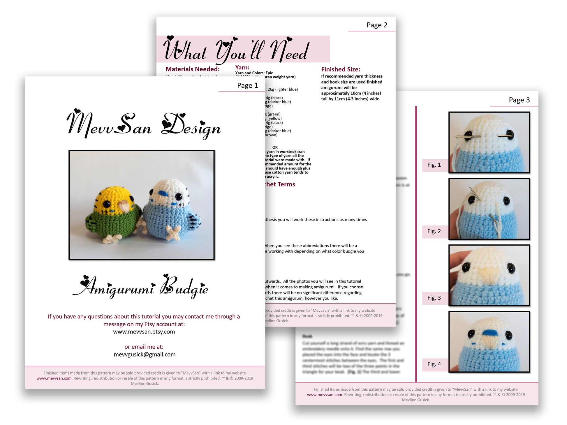 A preview of the first three pages of the PDF crochet pattern for the amigurumi budgie parakeet