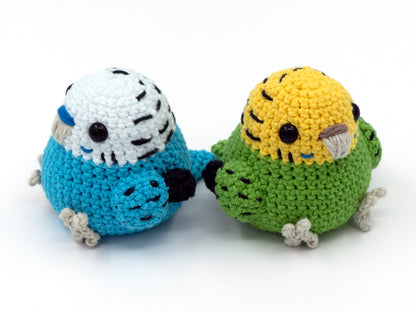 amigurumi crochet budgie pattern blue and green parakeet sitting away from each other