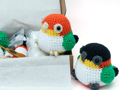 amigurumi crochet caique kit two parrots sitting next to a box of yarn