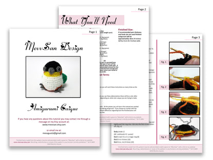 A preview of the first three pages of the PDF crochet pattern for the amigurumi caique