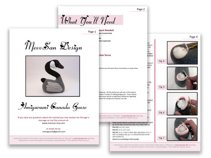 A preview of the first three pages of the PDF crochet pattern for the amigurumi canada goose