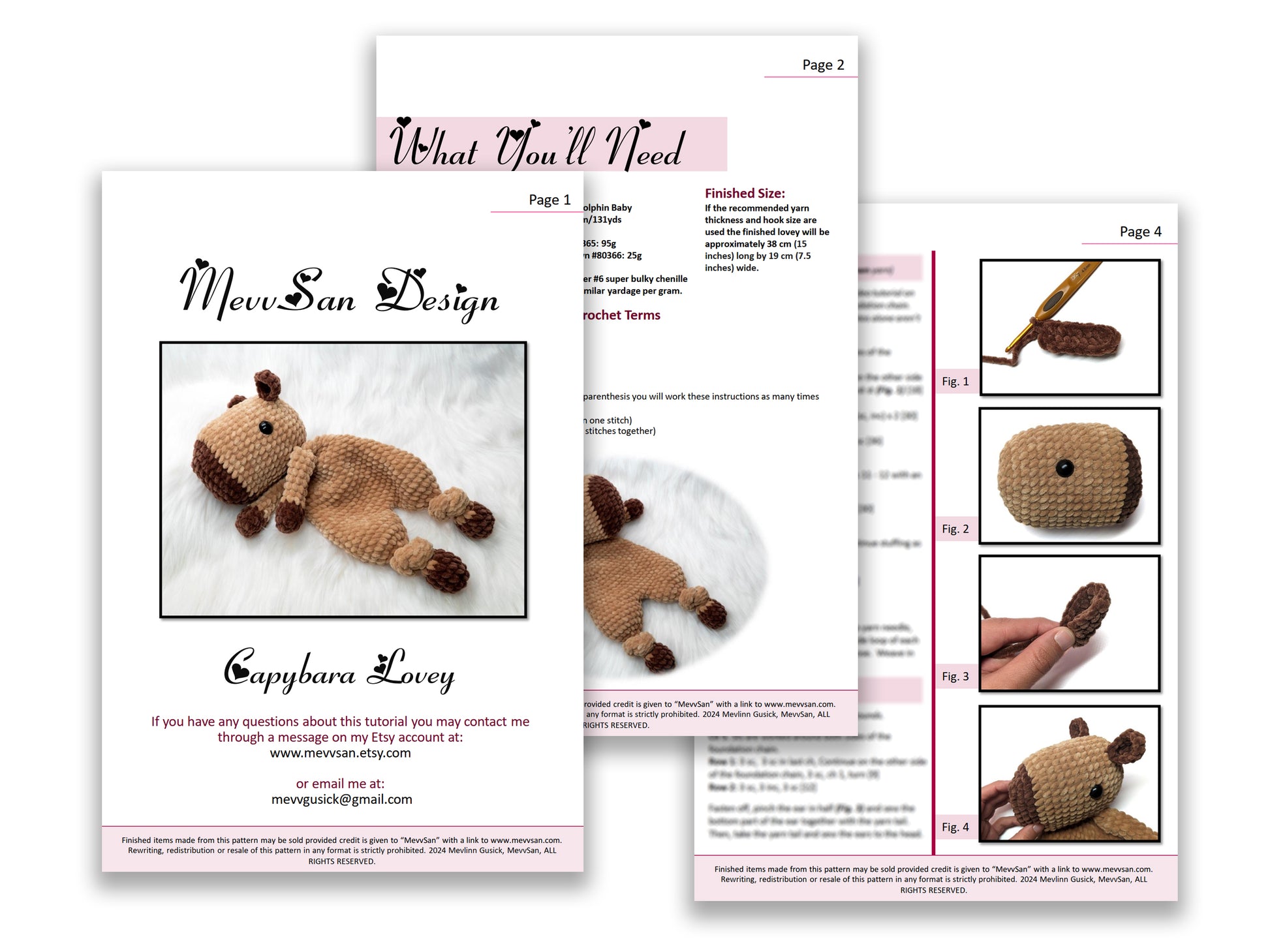 A preview of the first three pages of the PDF crochet pattern for the amigurumi capybara lovey