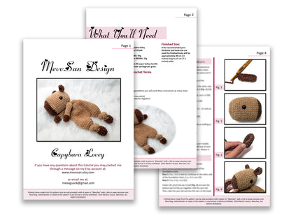 A preview of the first three pages of the PDF crochet pattern for the amigurumi capybara lovey