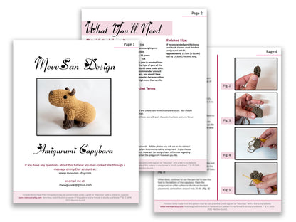 A preview of the first three pages of the PDF crochet pattern for the amigurumi capybara
