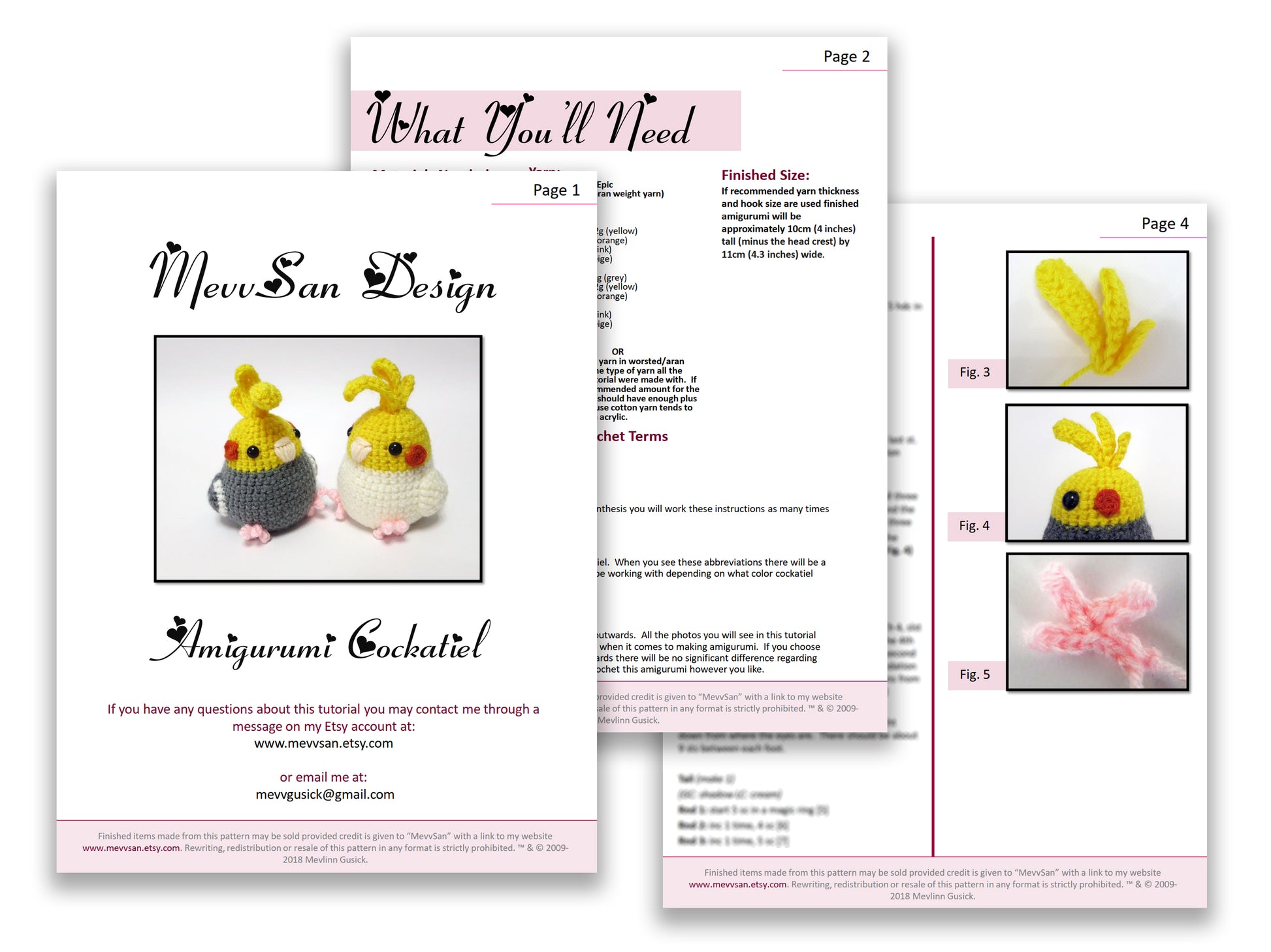 A preview of the first three pages of the PDF crochet pattern for the amigurumi cockatiel