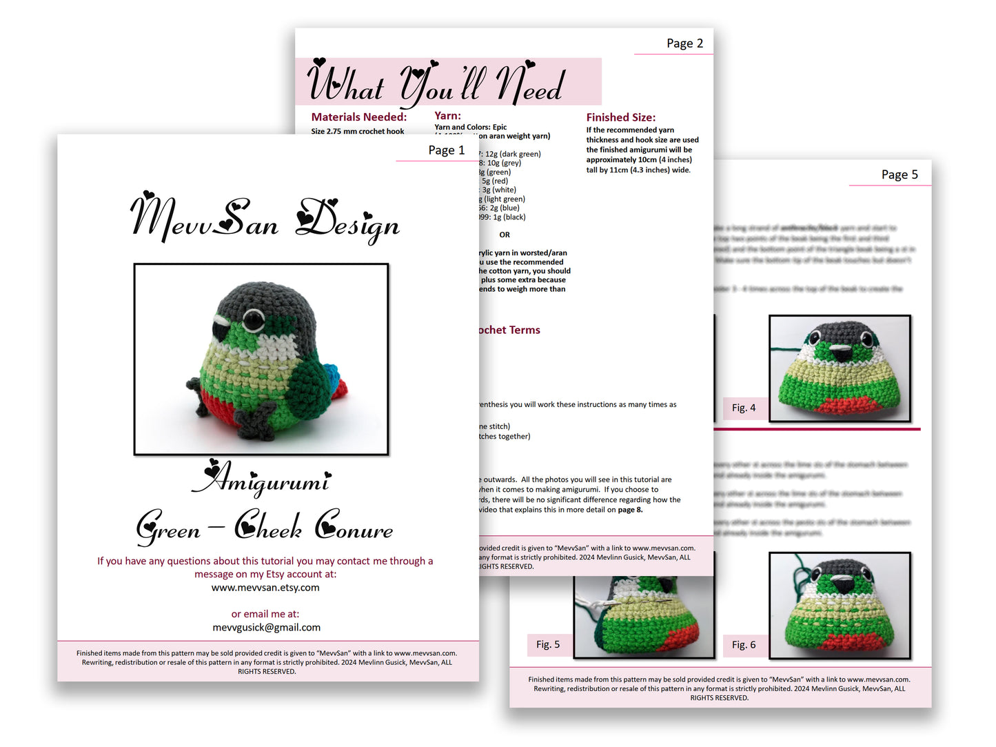 A preview of the first three pages of the PDF crochet pattern for the amigurumi green-cheek conure