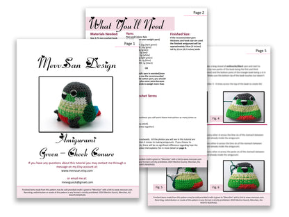 A preview of the first three pages of the PDF crochet pattern for the amigurumi green-cheek conure