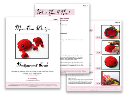 A preview of the first three pages of the PDF crochet pattern for the amigurumi crab