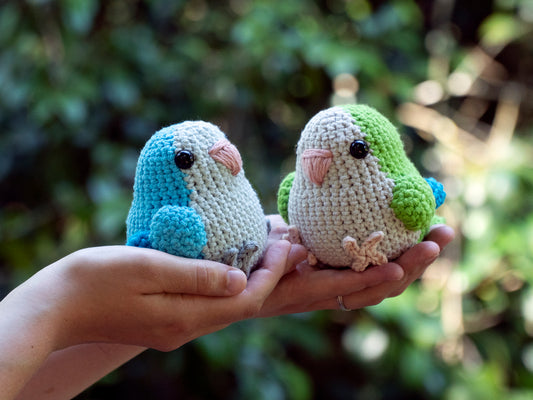 handmade crochet quaker parrot monk parakeet amigurumi plush green and blue sitting on a hand outside for size comparison