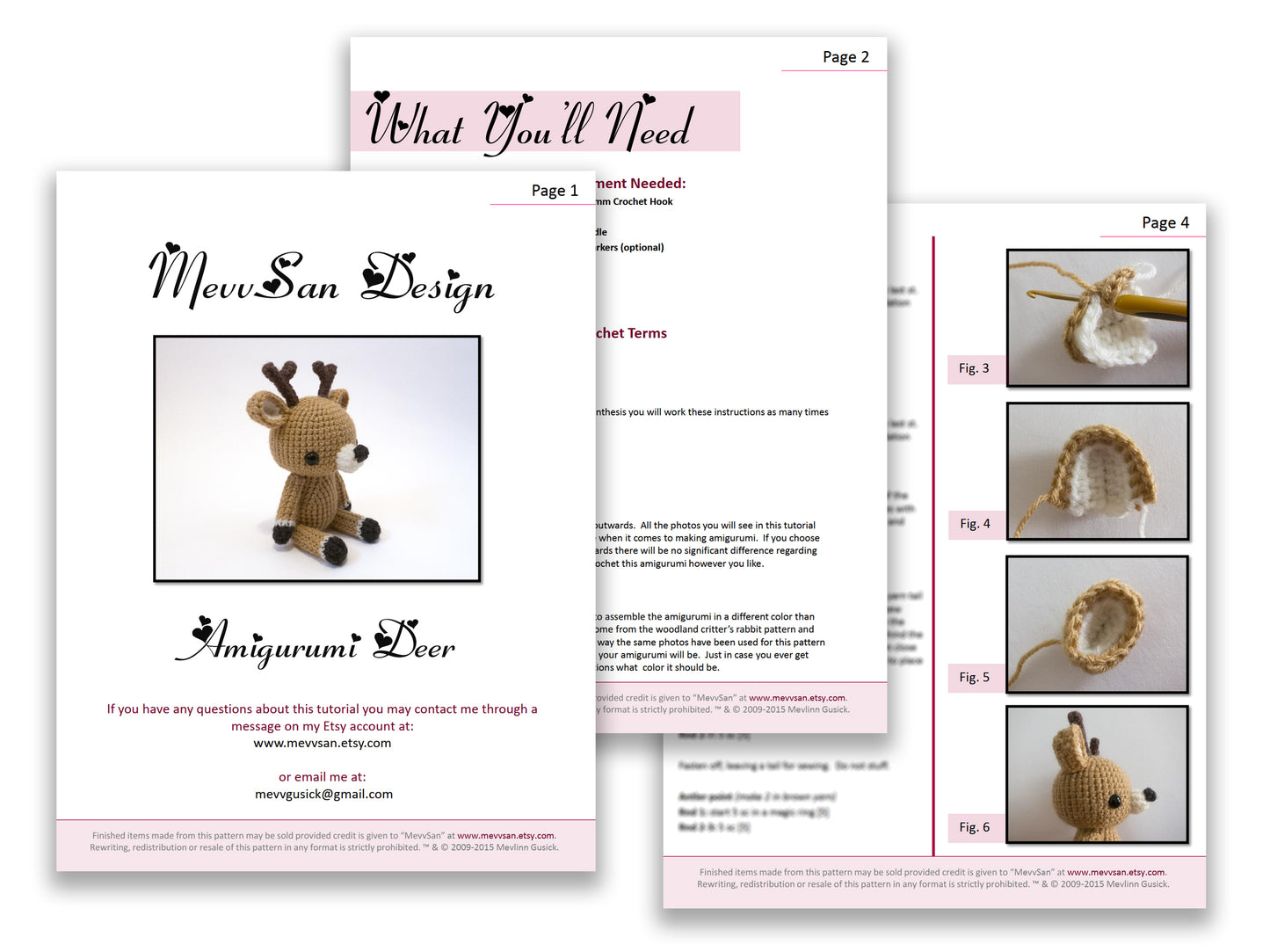 A preview of the first three pages of the PDF crochet pattern for the amigurumi deer