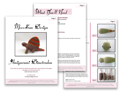A preview of the first three pages of the PDF crochet pattern for the amigurumi dimetrodon dinosaur
