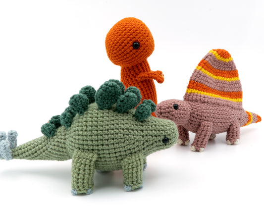 amigurumi crochet dinosaur pattern bundle with Dimetrodon Tyrannosaurus Rex and Stegosaurus