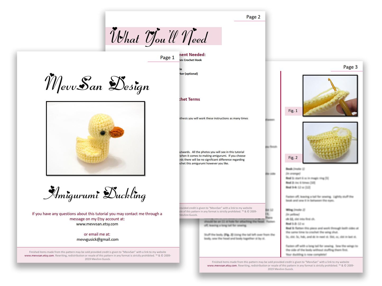 A preview of the first three pages of the PDF crochet pattern for the amigurumi duckling