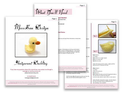 A preview of the first three pages of the PDF crochet pattern for the amigurumi duckling
