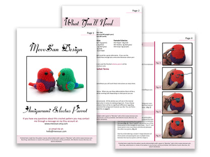 A preview of the first three pages of the PDF crochet pattern for the amigurumi eclectus parrot