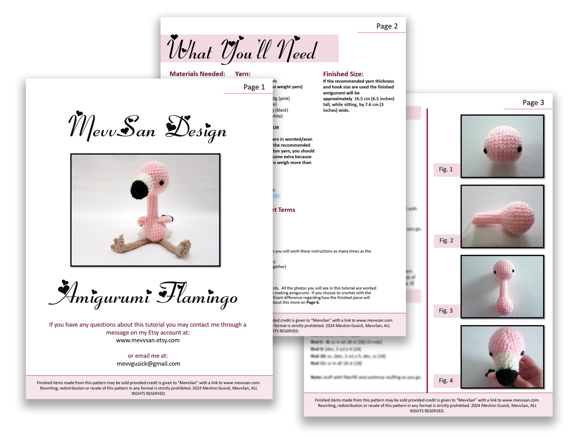 A preview of the first three pages of the PDF crochet pattern for the amigurumi flamingo