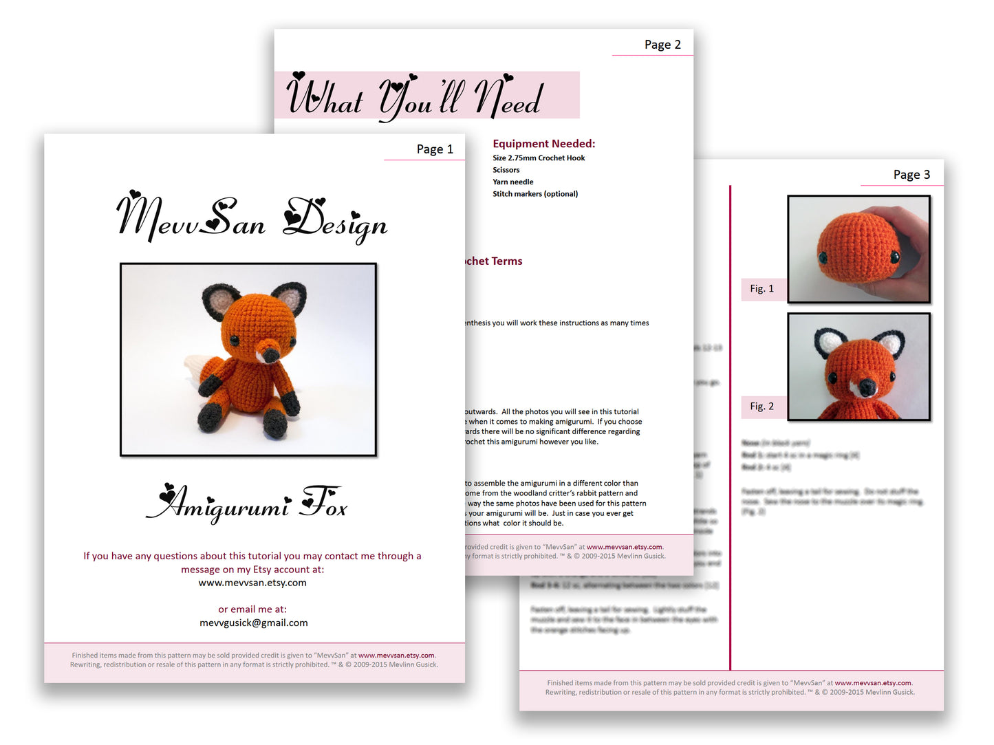 A preview of the first three pages of the PDF crochet pattern for the amigurumi fox