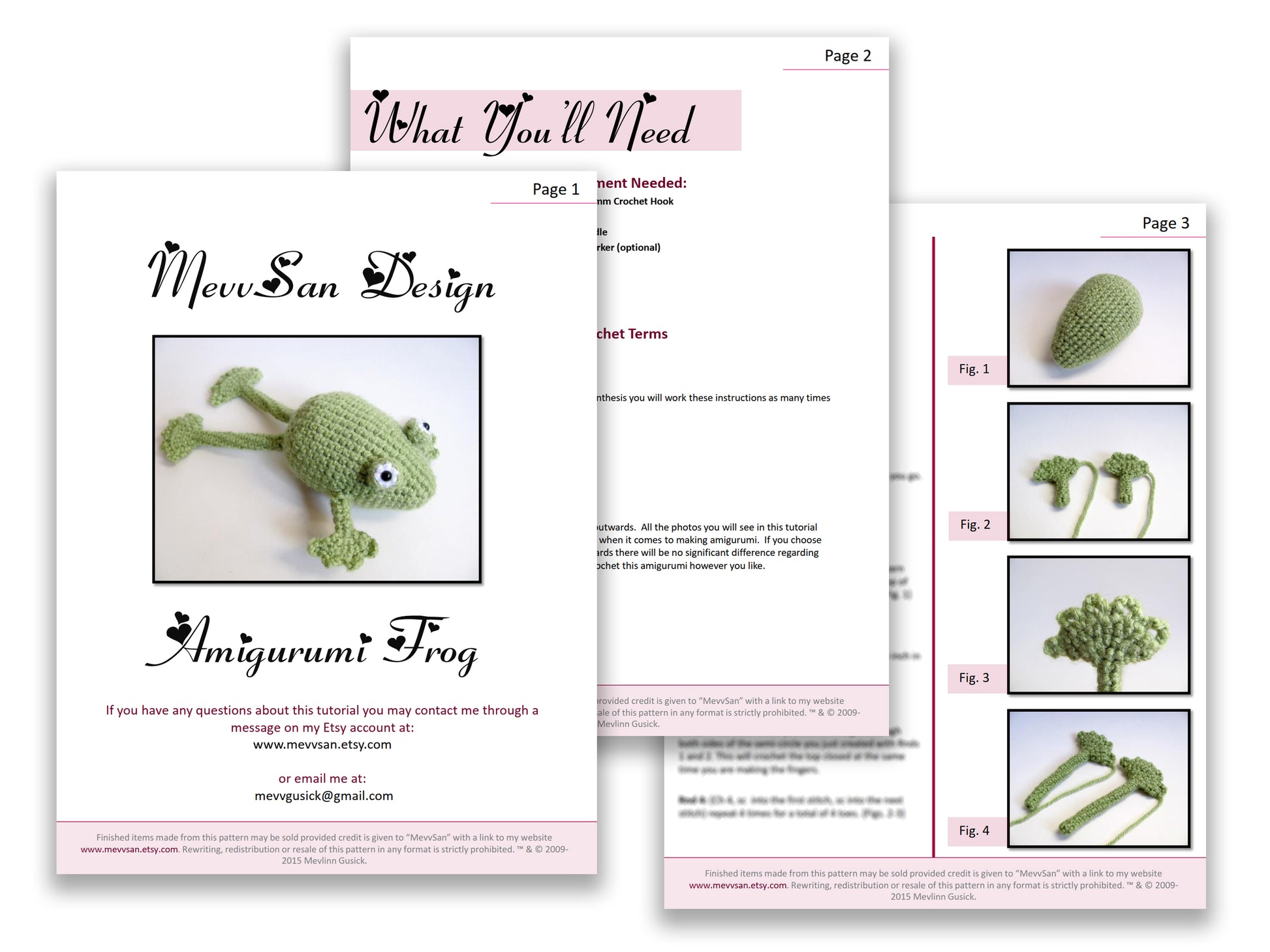 A preview of the first three pages of the PDF crochet pattern for the amigurumi frog