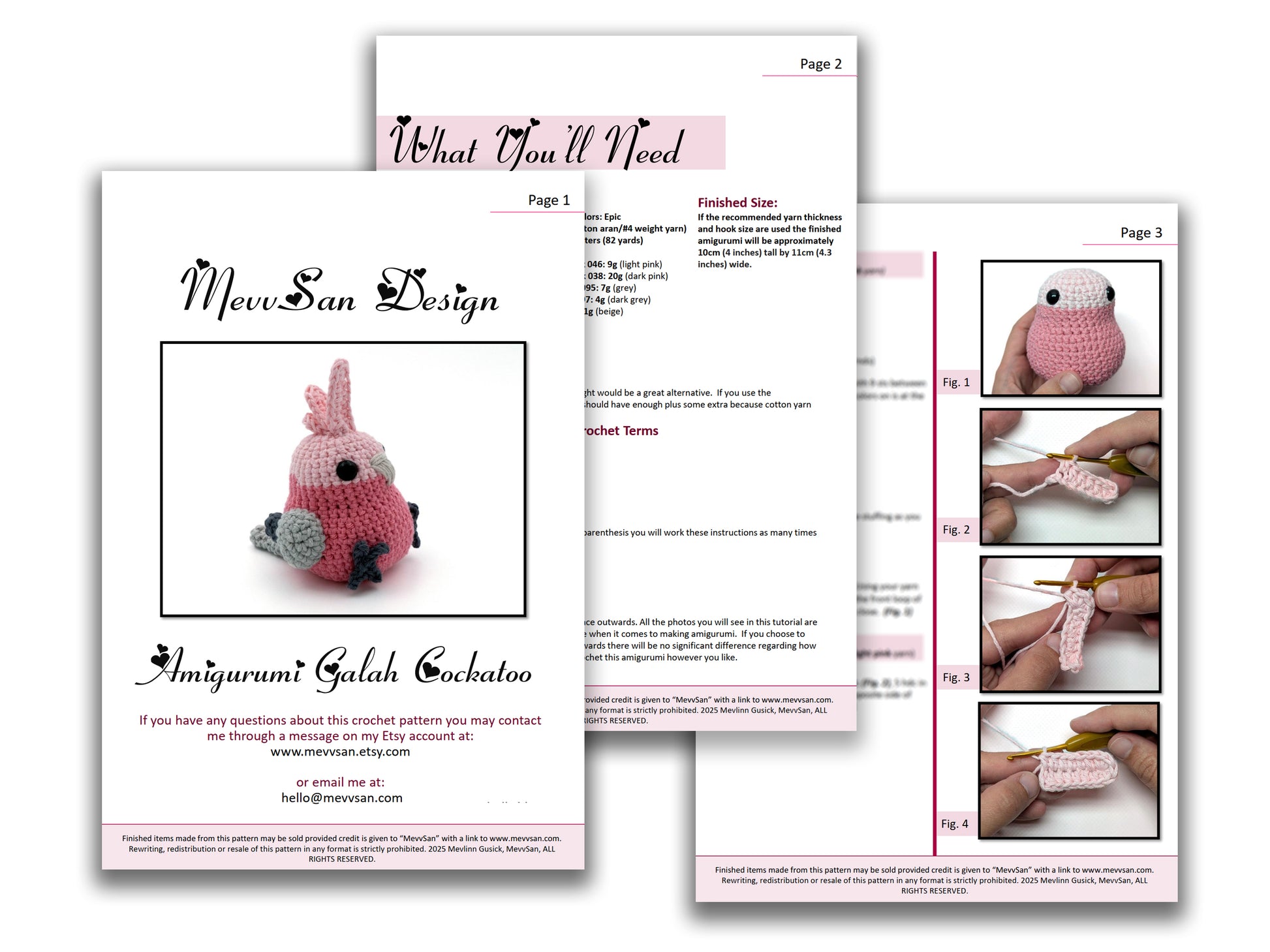 A preview of the first three pages of the PDF crochet pattern for the amigurumi galah cockatoo