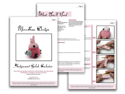 A preview of the first three pages of the PDF crochet pattern for the amigurumi galah cockatoo