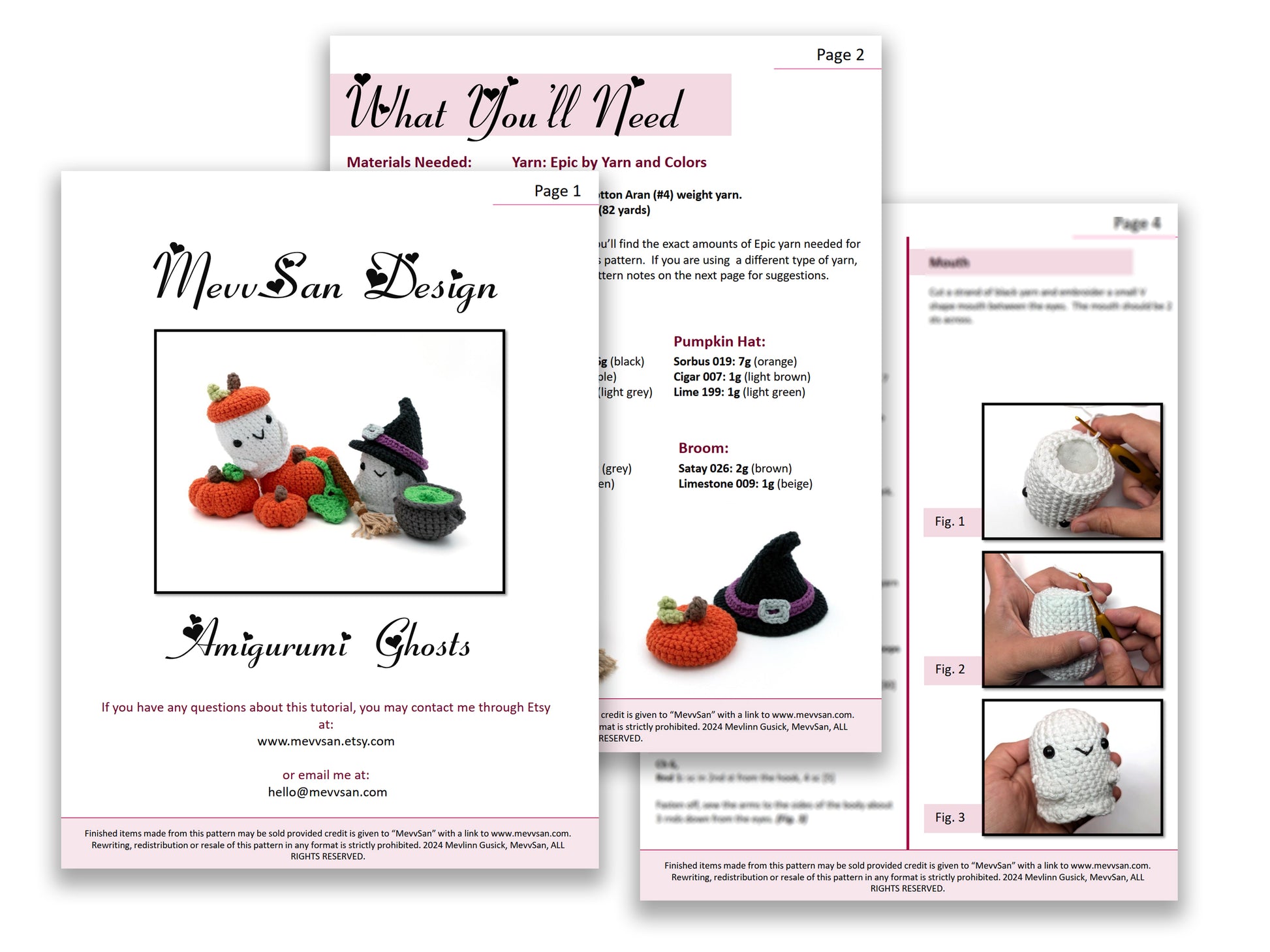 A preview of the first three pages of the PDF crochet pattern for the amigurumi ghost