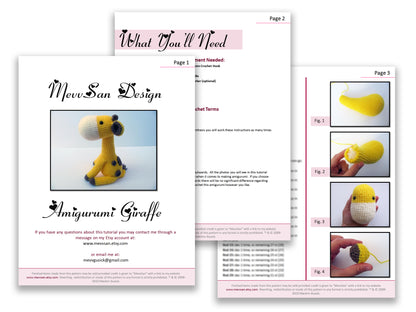 A preview of the first three pages of the PDF crochet pattern for the amigurumi giraffe