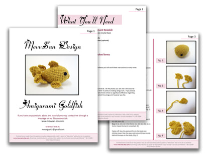 A preview of the first three pages of the PDF crochet pattern for the amigurumi goldfish