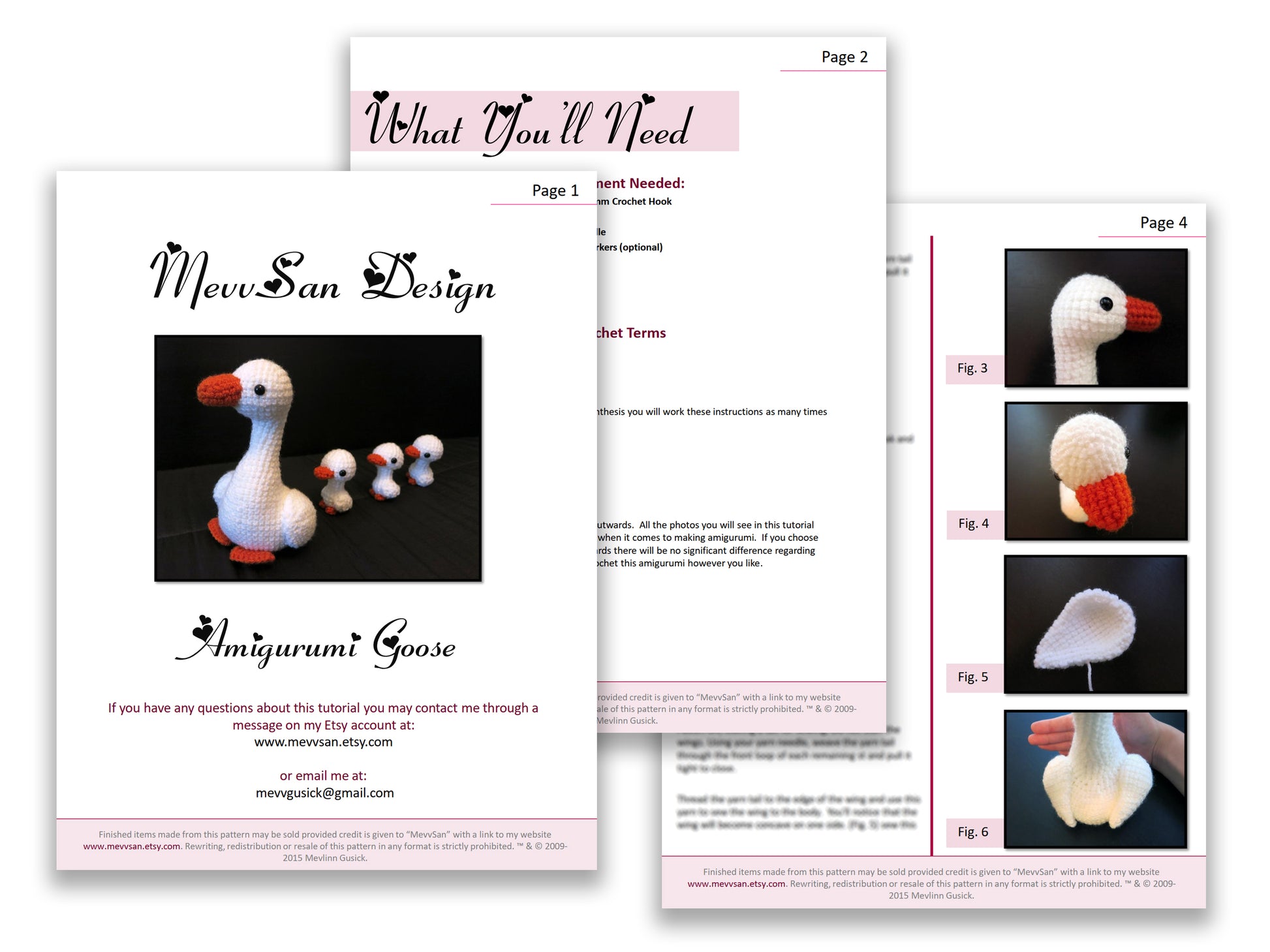 A preview of the first three pages of the PDF crochet pattern for the amigurumi  goose family