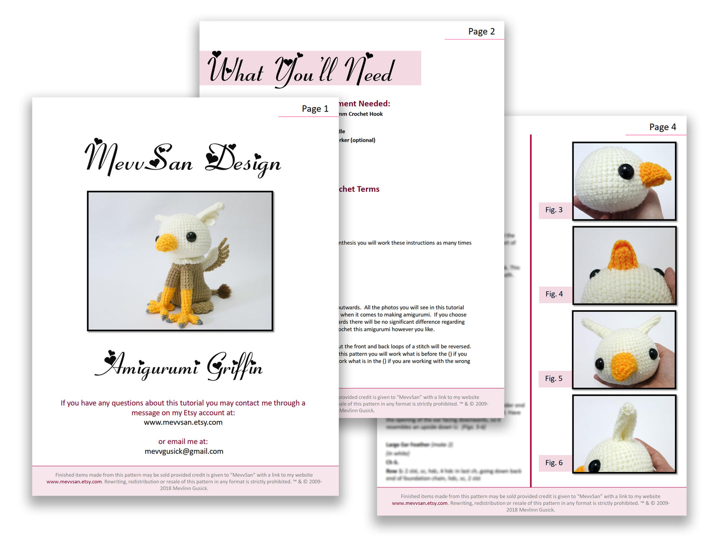 A preview of the first three pages of the PDF crochet pattern for the amigurumi griffin