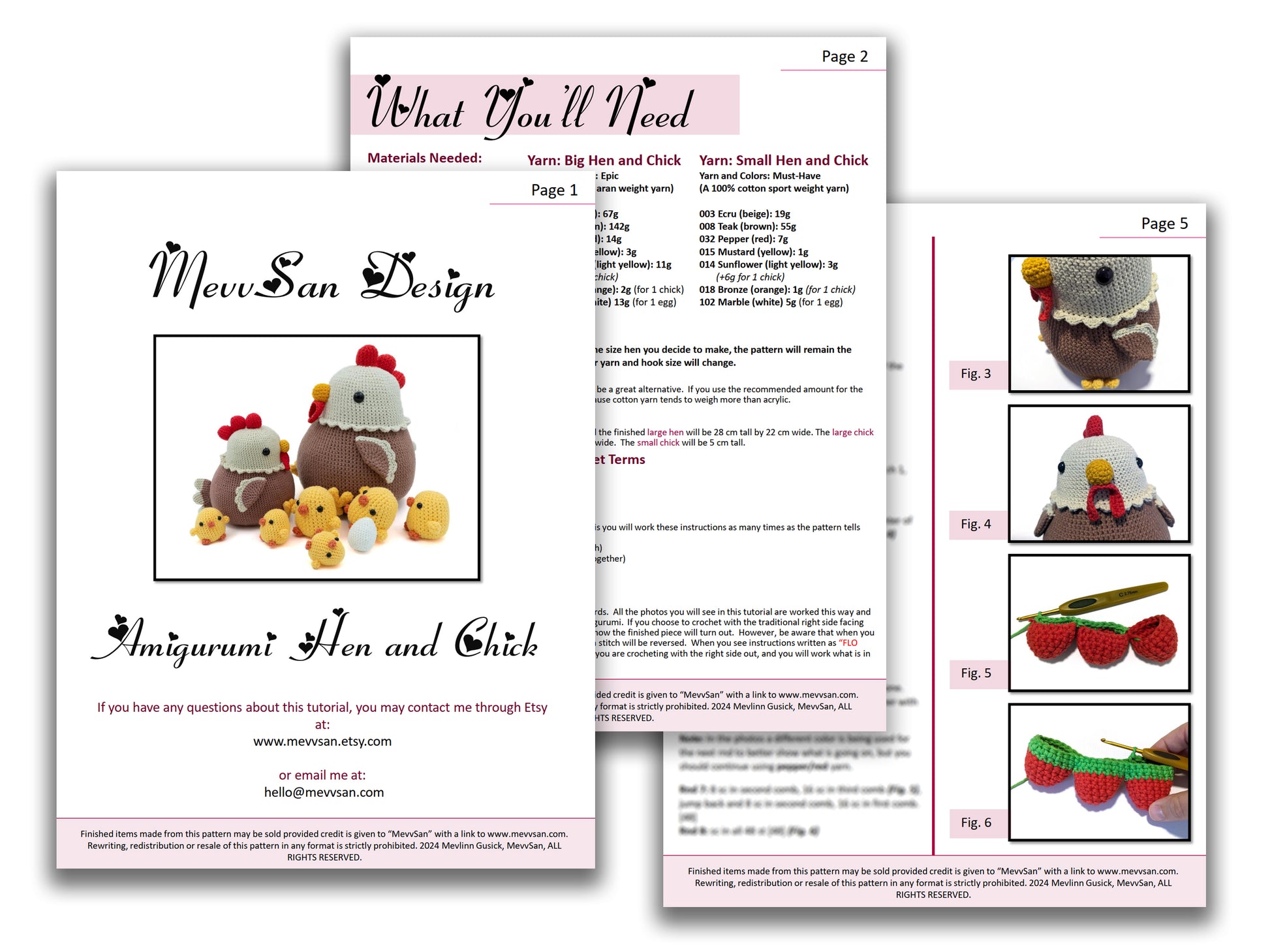 A preview of the first three pages of the PDF crochet pattern for the amigurumi hen, chick, and egg