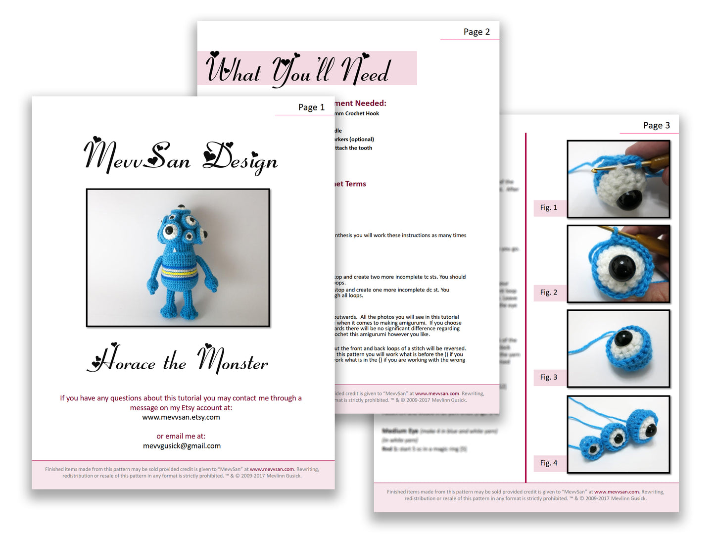 A preview of the first three pages of the PDF crochet pattern for the amigurumi horace the monster