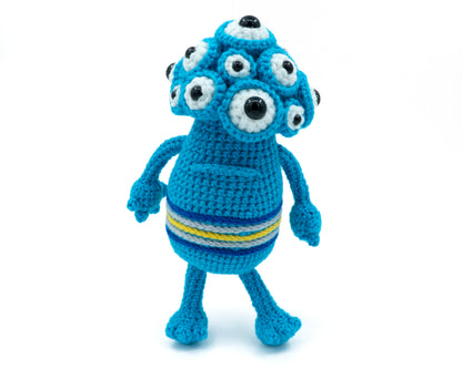 amigurumi crochet horace the monster pattern standing with many eyes