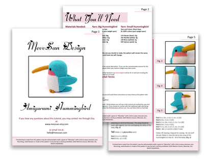 A preview of the first three pages of the PDF crochet pattern for the amigurumi hummingbird