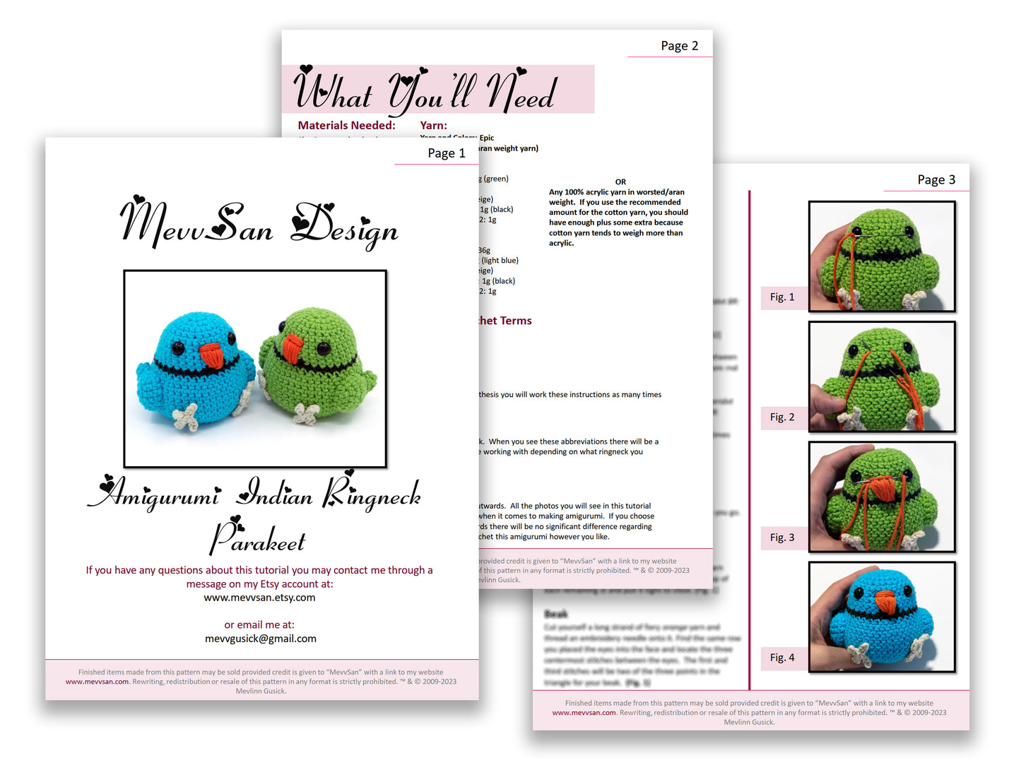 A preview of the first three pages of the PDF crochet pattern for the amigurumi indian ringneck parakeet