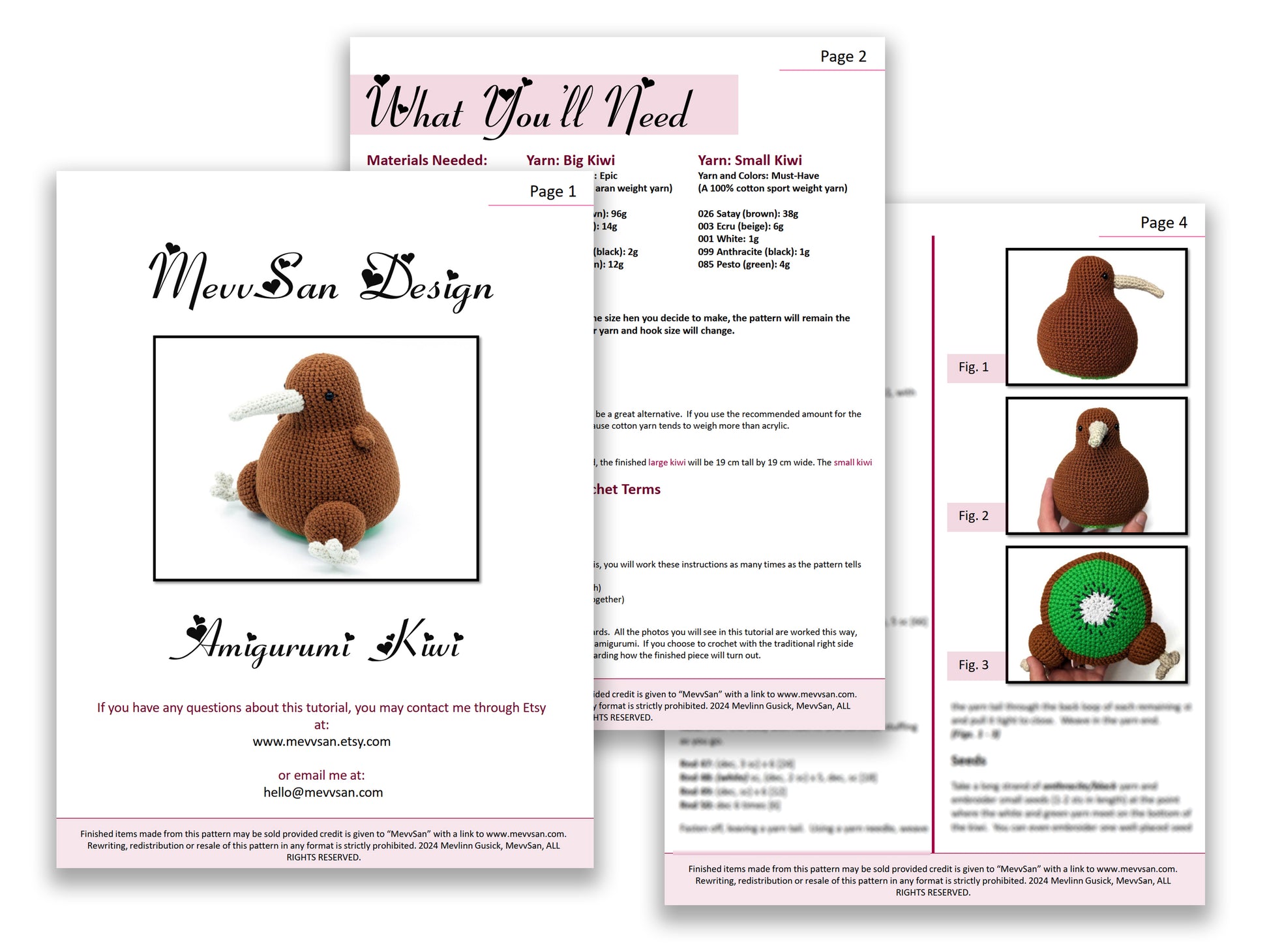 A preview of the first three pages of the PDF crochet pattern for the amigurumi kiwi bird