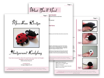 A preview of the first three pages of the PDF crochet pattern for the amigurumi ladybug