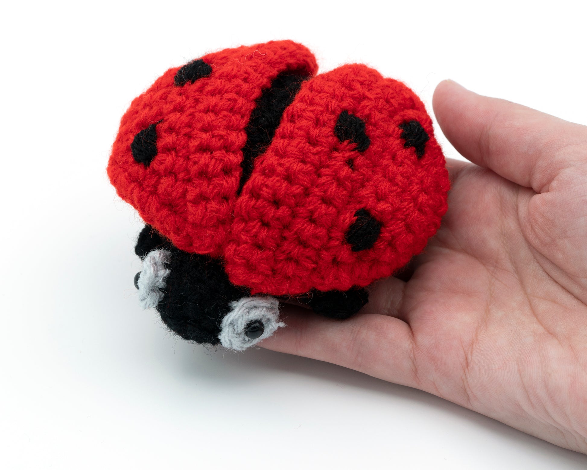 amigurumi crochet ladybug pattern in hand for size comparison