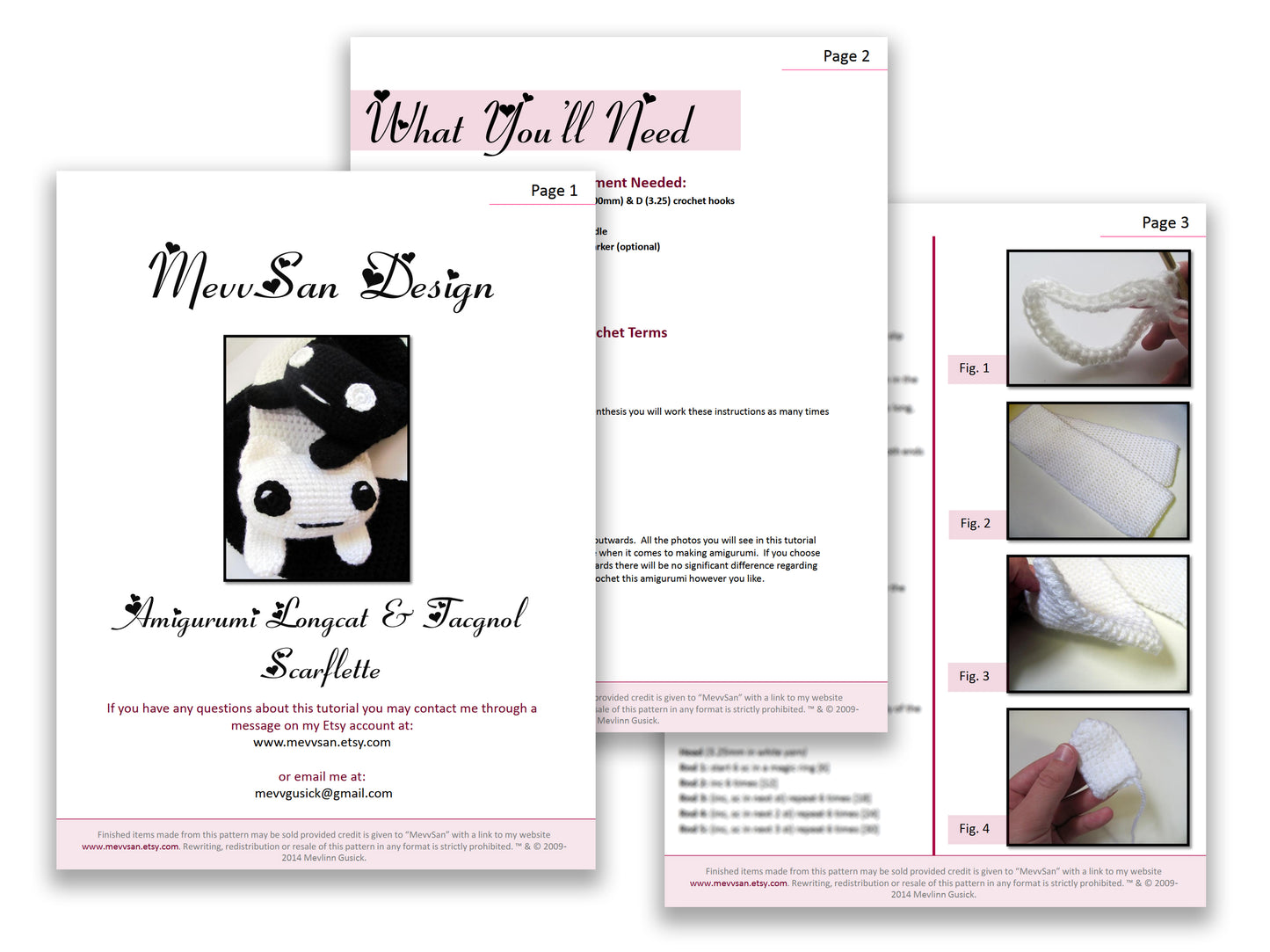 A preview of the first three pages of the PDF crochet pattern for the amigurumi longcat