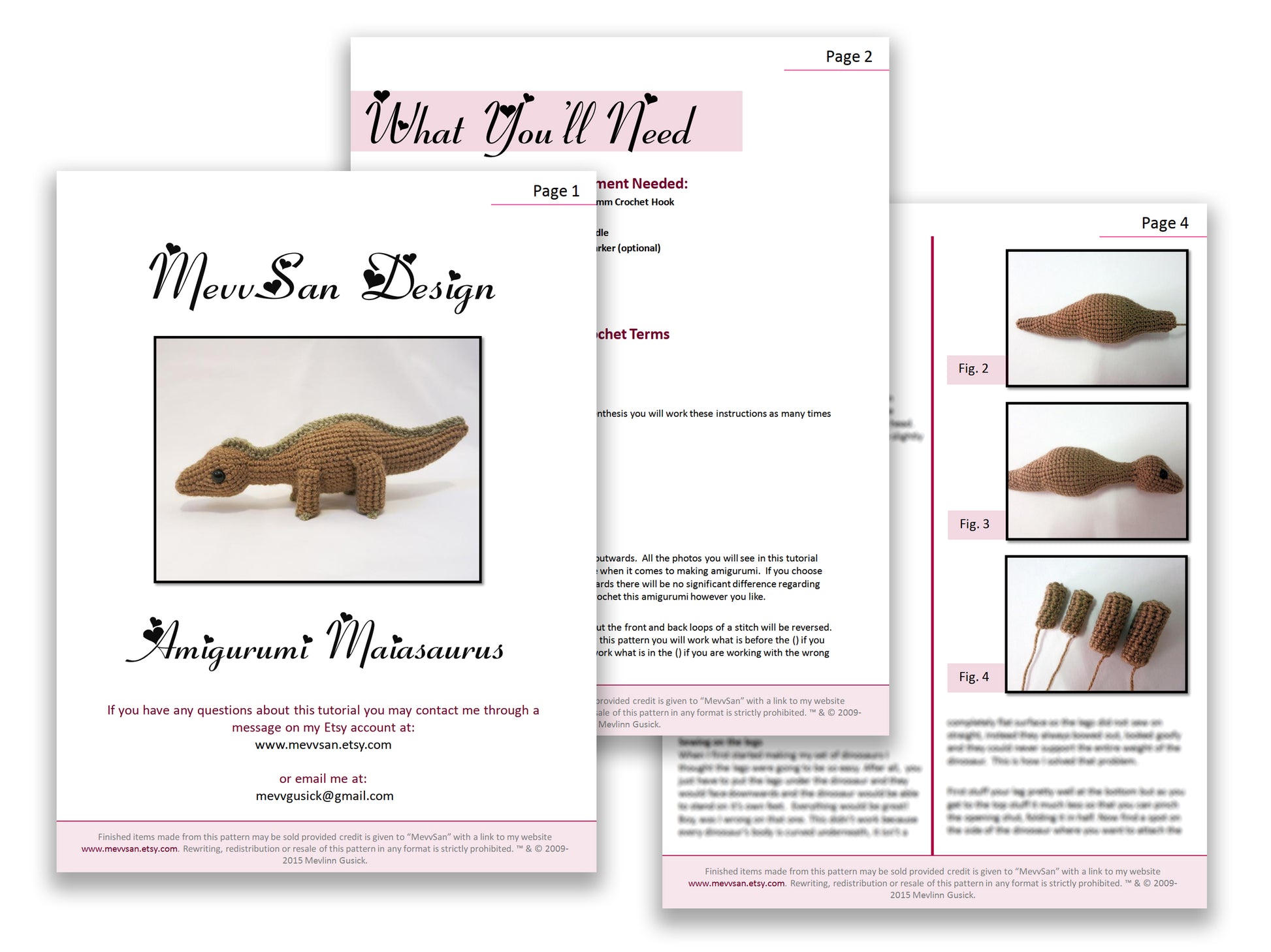 A preview of the first three pages of the PDF crochet pattern for the amigurumi maiasaurus dinosaur