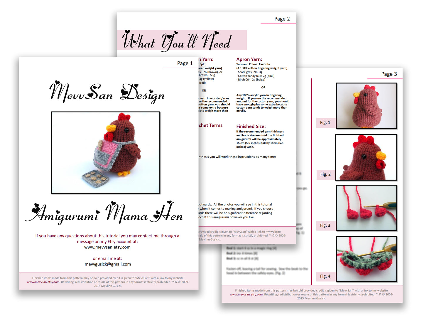 A preview of the first three pages of the PDF crochet pattern for the amigurumi mama hen