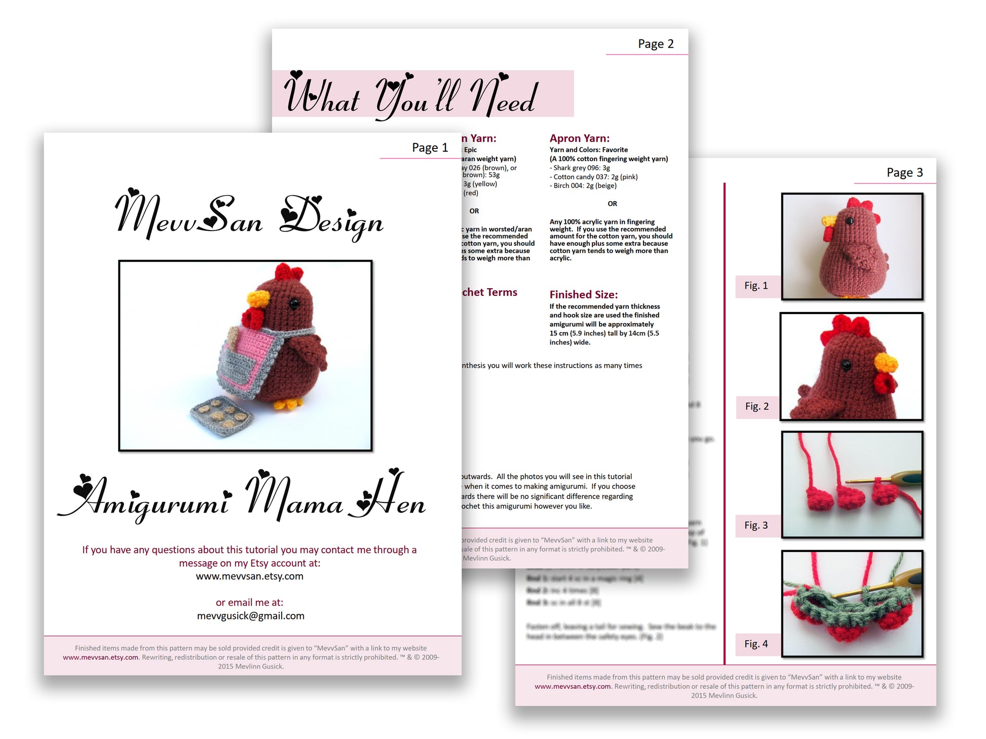 A preview of the first three pages of the PDF crochet pattern for the amigurumi mama hen