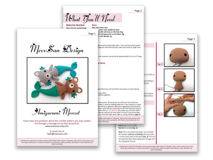 A preview of the first three pages of the PDF crochet pattern for the amigurumi mercat