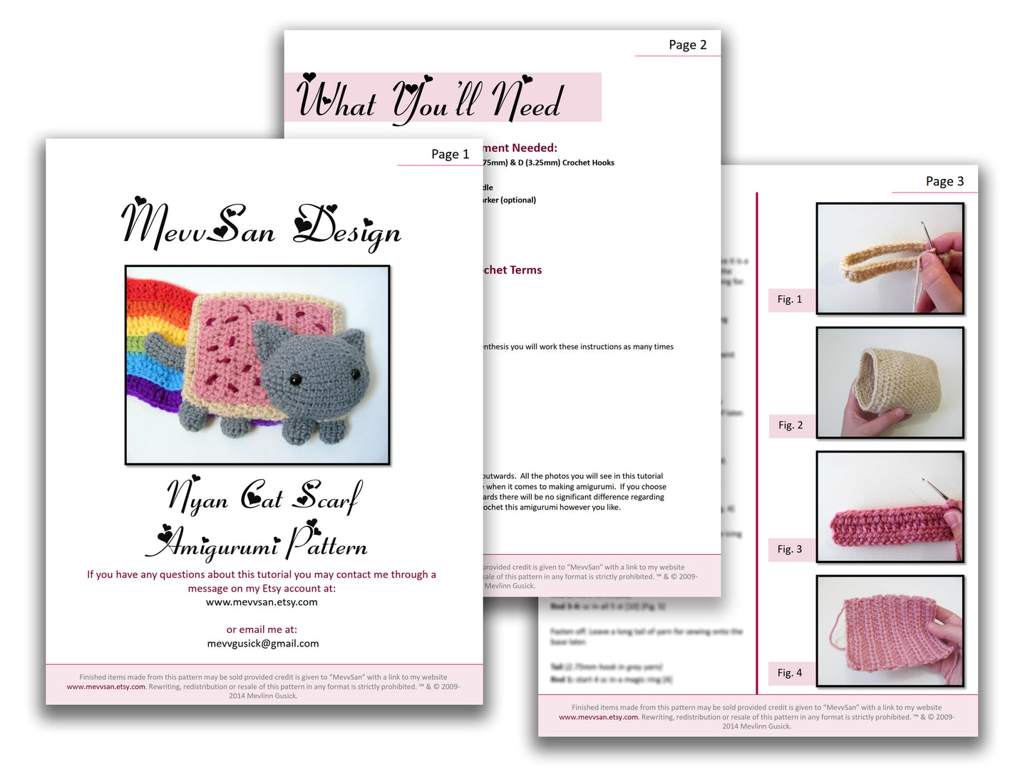 A preview of the first three pages of the PDF crochet pattern for the amigurumi nyan cat scarf